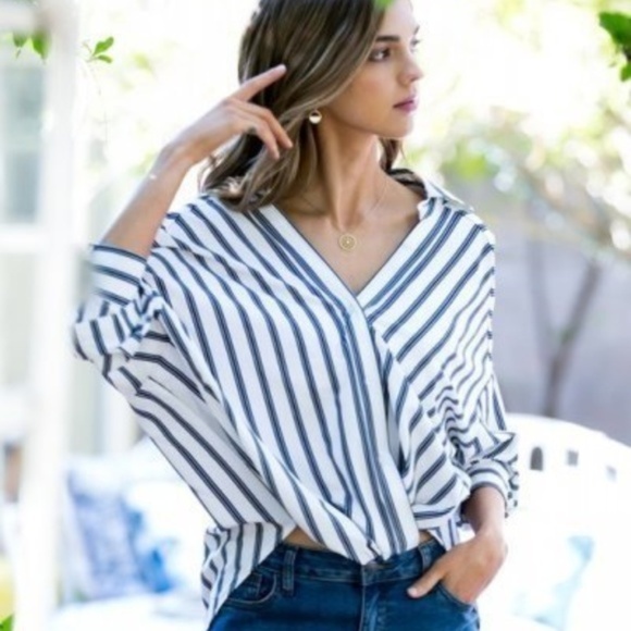 Paris&Pearle Tops - Key West Navy and Off White Striped Button Up Top